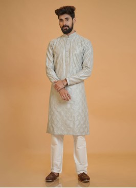 Readymade Grey Mens Silk Kurta Pajama