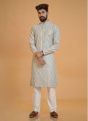 Readymade Grey Mens Silk Kurta Pajama