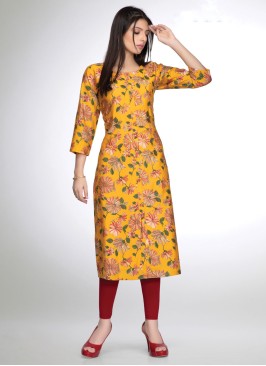 Yellow Readymade Muslin Silk Floral Printed Kurti