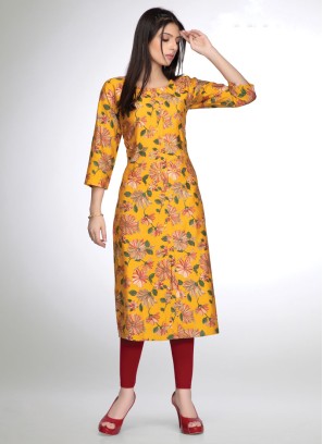 Yellow Readymade Muslin Silk Floral Printed Kurti