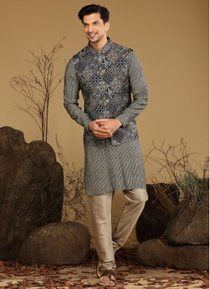 Readymade Navy Blue Fancy Printed Nehru Jacket Set