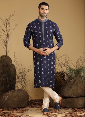 Readymade Navy Blue Thread Embroidered Kurta Pajama