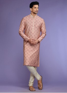 Readymade Onion Pink Printed Kurta Pajama In Silk