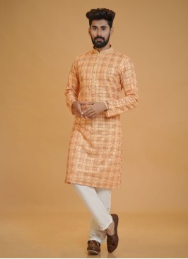 Readymade Orange Thread Embroidered Kurta Pajama