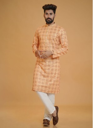 Readymade Orange Thread Embroidered Kurta Pajama