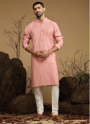 Readymade Pink Silk Embroidered Kurta Pajama