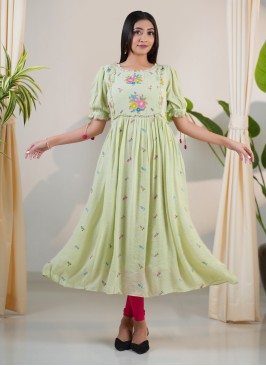 Pista Green A-Line Kurti With Thread Embroidery