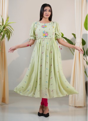 Pista Green A-Line Kurti With Thread Embroidery