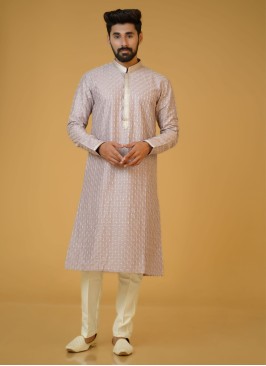 Purple Cotton Silk Embroidered Kurta Pajama