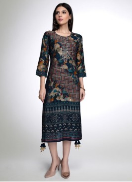 Readymade Rama Blue Fancy Printed Kurti