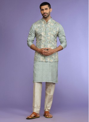 Readymade Raw Silk Nehru Jacket Set For Wedding