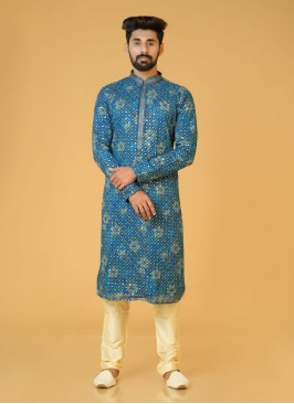 Readymade Teal Blue Kurta Pajama In Cotton Silk