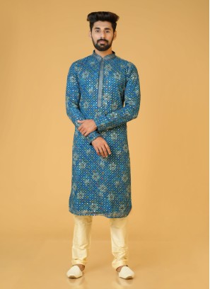 Readymade Teal Blue Kurta Pajama In Cotton Silk