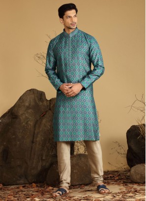 Readymade Teal Blue Printed Kurta Pajama In Silk