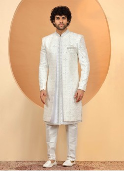Readymade White Silk Jacket Style Sherwani With Em