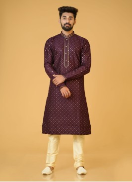 Readymade Wine Thread embroidered Kurta Pajama