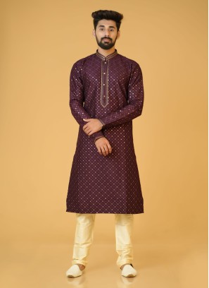 Readymade Wine Thread embroidered Kurta Pajama