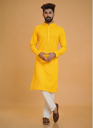 Readymade Yellow Thread embroidered Kurta Pajama