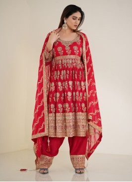 Red Afghani Style Georgette Salwar Suit