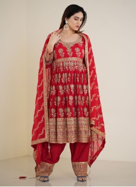 Red Afghani Style Georgette Salwar Suit