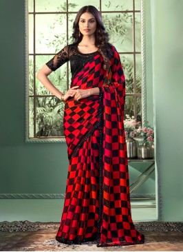 Red And Black Color Sequins Embroidery Chiffon Saree
