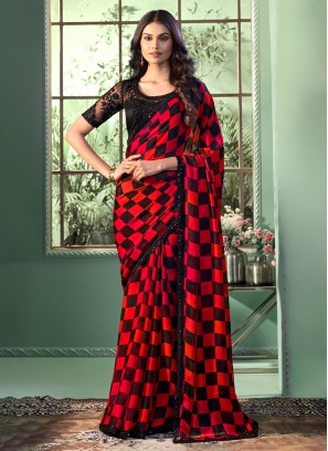 Red And Black Color Sequins Embroidery Chiffon Saree