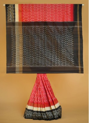 Red and Black Woven Pure Silk Saree with Patola Design