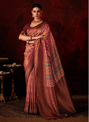 Red And Brown Festive Wear Saree In Soft Silk