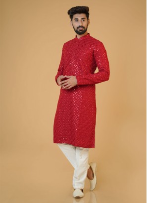 Red And White Cotton Silk Embroider Kurta Pajama