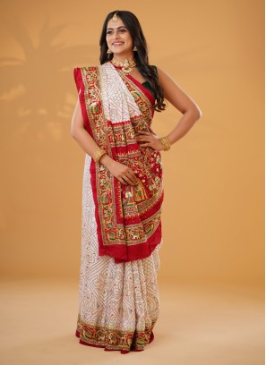 Red And White Pure Modal Gajji Silk Saree