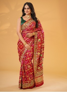 Red Bride Wear Pure Bandhani Gajji Silk Gharchola