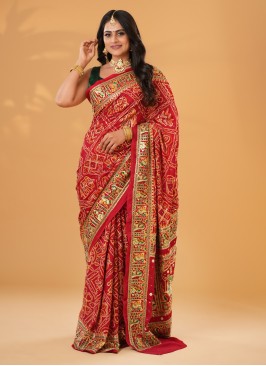 Red Bandhani Printed Pure Modal Gajji Silk Gharchola Saree