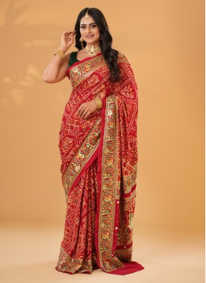 Red Bandhani Printed Pure Modal Gajji Silk Gharchola Saree