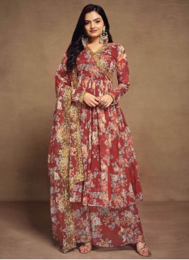 Red Floral Printed Palazzo Set For Women