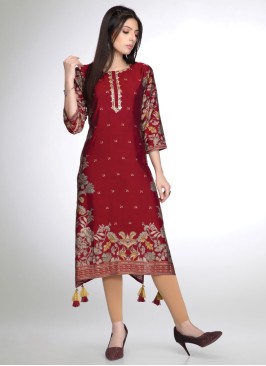 Red Floral Printed Readymade Kurti With Decorative Tassels