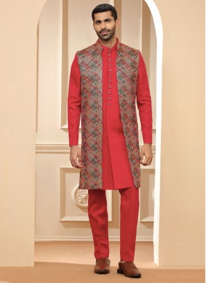 Red Jacket Style Indowestern Set For Groom