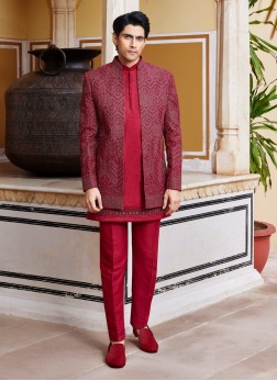 Red Raw Silk Indowestern Set With Embroidered Jack