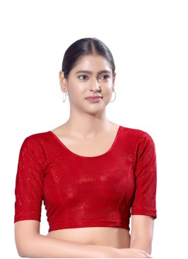 Red Readymade Blouse In Shimmer With Round Neckline