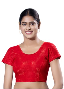 Red Short Sleeves Blouse In Shimmer With Round Neckline