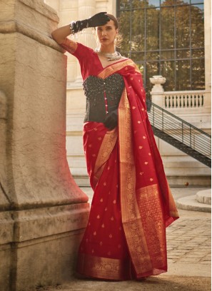 Red Weaving Handloom Silk Festive Saree