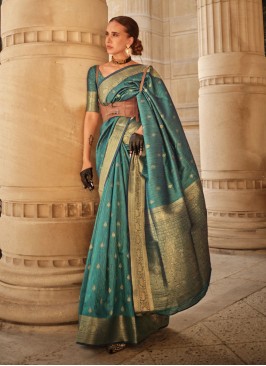 Teal Green Weaving Handloom Silk Festive Saree