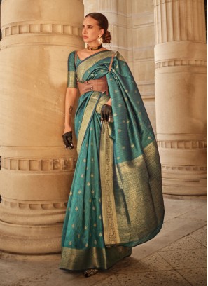 Teal Green Weaving Handloom Silk Festive Saree