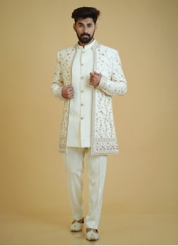 Regal Cream Indowestern Set With Embroidered Jacke