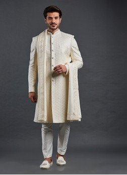 Regal Cream Thread Embroidered Sherwani For Men