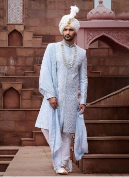 Regal Light Blue Groom's Sherwani With Dupatta