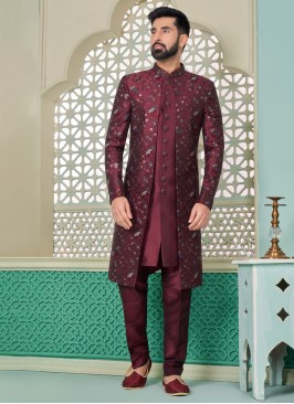 Regal Maroon Thread Embroidered Jacket Style Silk Indowestern For Men