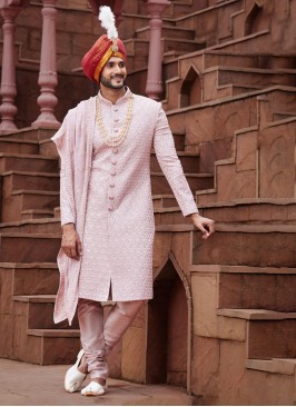 Regal Misty Rose Pink Embroidered Sherwani With Dupatta