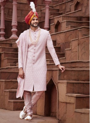 Regal Misty Rose Pink Embroidered Sherwani With Dupatta