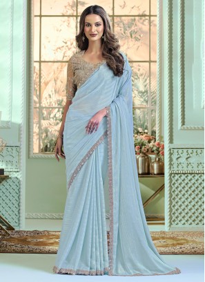 Remarkable Sky Blue And Grey Party Wear Georgette Saree