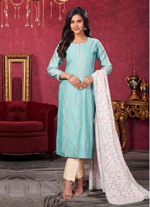 Pant-Style Salwar Suit In Dreamy Sky Blue And Beige